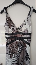 Jane Norman Grecian Style Maxi Dress Size 10 leaf print grey black white 