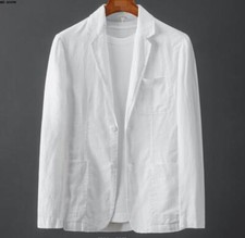 Men's Casual Linen Blazer Retro Two Button Suit Formal Business Jacket Slim Coat