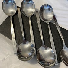 ONEIDA Oneidacraft Deluxe Soup Spoons  x 6 VANESSA stainless steel 70s flatware