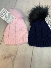 Baby Girl, Spanish, Faux Fur Chunky Knit Pom Pom Hat  1-2 Years Pink & Navy