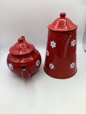 Vintage Red Enamel Teapot And Kettle With White Flowers Made In Yugoslavia