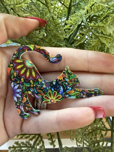Cat brooch pin acrylic floral - cat,