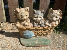 Vintage Style Cast Iron Door Stop Painted 3 Kittens In A Basket 20x14cm (30