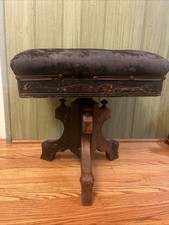 Old VICTORIAN ADJUSTABLE PADDED PIANO STOOL 17" - 23"  Upholstered Original