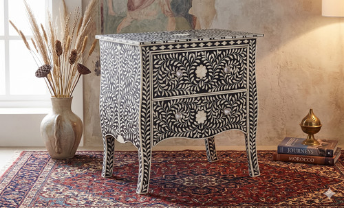 Black bone inlay bedside table - bone,