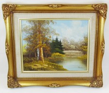 Original Oil Painting On Canvas Signed Framed Autumn River Landscape 12" x 14"