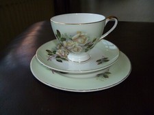 MAYFAIR POTTERY VINTAGE FINE BONE CHINA "WHITE ROSE/ PALE GREEN BAND" TRIO