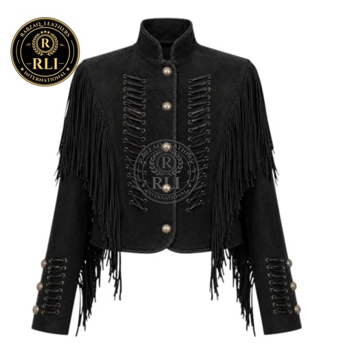 Women black fringe western - black,