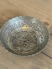 Vintage Indian Brass Fluted Edge Ornate Carved Trinket Dish Gallery Bowl Marked 