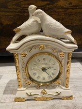 Japanese Clock Imperial Seto 1970s Ceramic Doves White Gold Trim - Working