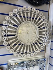 MIRROR CRUSHED DIAMOND WHITE CRUSHED CRYSTAL FILLED SPARKLY 50Cm Round  Clock.