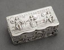 Antique Victorian Sterling Silver Pill/Snuff Box Fox & Stork + Tavern Scene