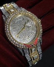 Luxury Ice Out Day Date Watch Mens Silver/Gold Sparkling Bling Diamond Quartz