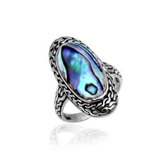 Paua Abalone Shell Long Oval Inlay Cocktail Ring in Solid 925 Sterling Silver