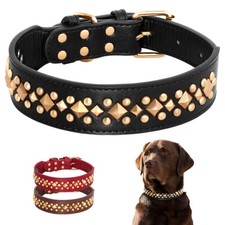Soft Leather Pet Dog Collar Gold Rivet Studded Adjustable for Medium Large Dogs