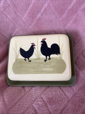 Rare COCKS AND HENS, by Zeller Fayencerie, in Yellow Green Black, Butter Dish.