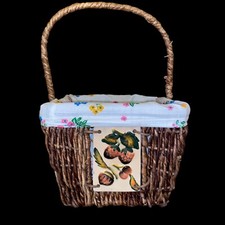 Vintage Sea Grass Basket With Strawberry Tile Insert & Floral Liner Prop Display