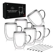 LIBWYS 6x 350ML Double Wall Glass Tea, Coffee Mugs + 6 Spoons – Heat Resistant 