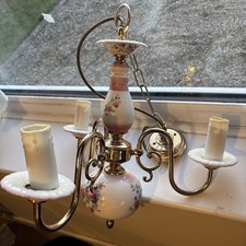 Vintage Delft Style Pink Floral Brass & Ceramic Chandelier