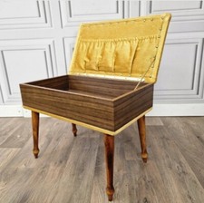Vintage Sherborne Wood Sewing Box On Legs - Side Table Stool - Lift Up Storage