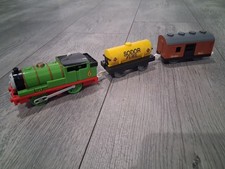 Thomas Trackmaster Percy train with Mail & Fuel Trucks. OLD STYLE TOMY. RARE