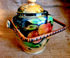 Vintage New Hall Pottery Lusterware Peach Biscuit Barrel With Wicker Handle