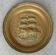 Vintage Large Embossed Brass Wall Plate / Plaque - Ship / Galleon Gold 16.75"
