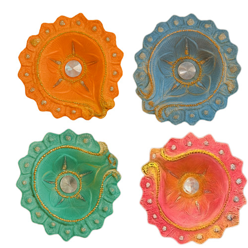 Handmade colourful clay diyas - colourful,