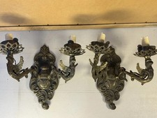 Antique Brass Hollywood Wall Sconces Pair Of Two Candles Each Electric