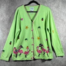 The Quacker Factory Cardigan Sweater Womens Medium Green Knit Flamingo Artsy