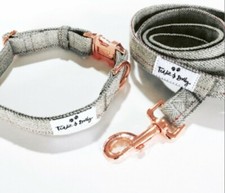 Grey Tweed Dog Collar & Lead Matching Set with Rose Gold
