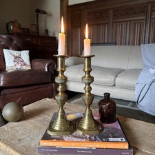 Antique Victorian Pair Of Brass Candle Stick Holders  Nice Patina Ornate Gothic 