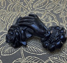 Victorian  Vulcanite Hand Holding A Rose Mourning Brooch