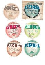 6 x Collectable Old TAX DISCS 1977 with selvedge 1978 1979 1980 1981 1982
