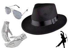 NEW DELUXE MICHAEL JACKSON HAT & SEQUIN GLOVE FANCY DRESS GANGSTER COSTUME SET