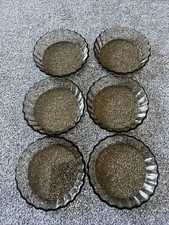 Arcopal France Set Of 6 Smoked Glass Fluted 4” Mini Tartlet Quiche Dishes VGC