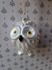 Snowy Owl Shaped Christmas Bauble Decoration Glitter Glass Tree Cute Kitsch