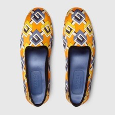 GUCCI MENS SATIN VOYAGE ECO GEOMETRIC G PRINT SLIPPER in YELLOW - UK 11 - BNWT