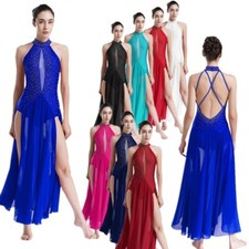 UK Women's Long Lyrical Dance Costume Split Cross Back Contemporary Dance Dress