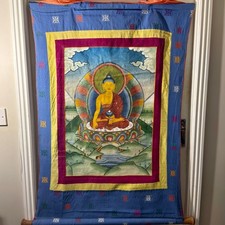 Hand Painted Tibetan Thangka – Medicine Buddha Wall Hanging 44x29in Vintage
