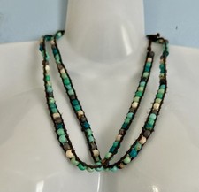 “FATFACE” Single Strand Leather Wrap Necklace with Earthy Blue and Brown Beads