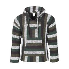 Fair Trade Mexican Baja Hoodie Green Stripe Jerga Top Sizes M - XXXL