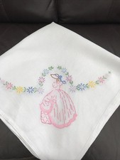 Pretty Vintage Crinoline Lady Floral Embroidered Linen Tablecloth. 33 x 33Inches