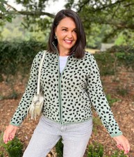 Jacket Women's Green Leopard Print Soft Full Zip Fleece High Neck Outerwear