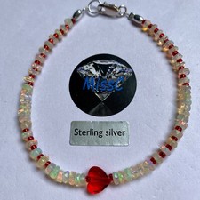 NATURAL FIRE OPAL AND SWAROVSKI LOVEHEART 925 STERLING SILVER BRACELET STAMPED