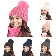 Kids Girls Winter Thermal Warm Cosy Fleece Lined Neck Warmer Snood Scarf Hat set