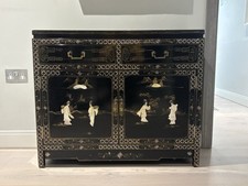 Vintage Chinese Chinoiserie Geisha Girls Lacquer Side Cabinet Soapstone