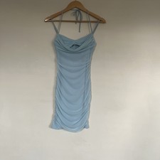 Oh Polly Light Blue Ruched Mini Dress Size 10 Halterneck and Shoelace Straps