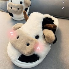 Fuzzy Cow Slippers Cute Warm