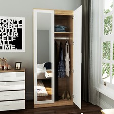 2 Doors Wardrobe White High Gloss Storage Hanging Rail Furniture with Mirror
